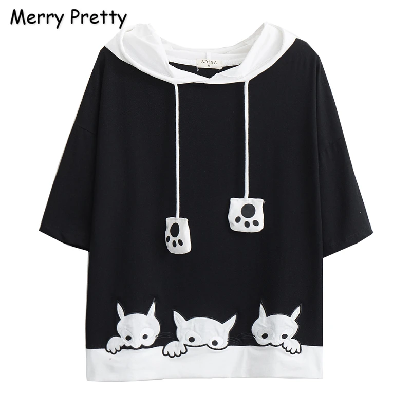 

Merry Pretty Women Cartoon Cat Embroidery Hooded Sweatshirts 2019 Short Sleeve O-Neck Drawstring Pullover Femme Harajuk Hoodies