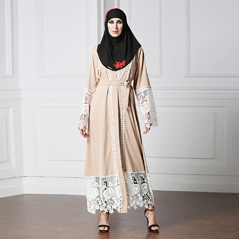 Muslim Women's Cardigan Robe Embroidered Middle Eastern Dress Islamic Costume Turkish Women's Belt Dress