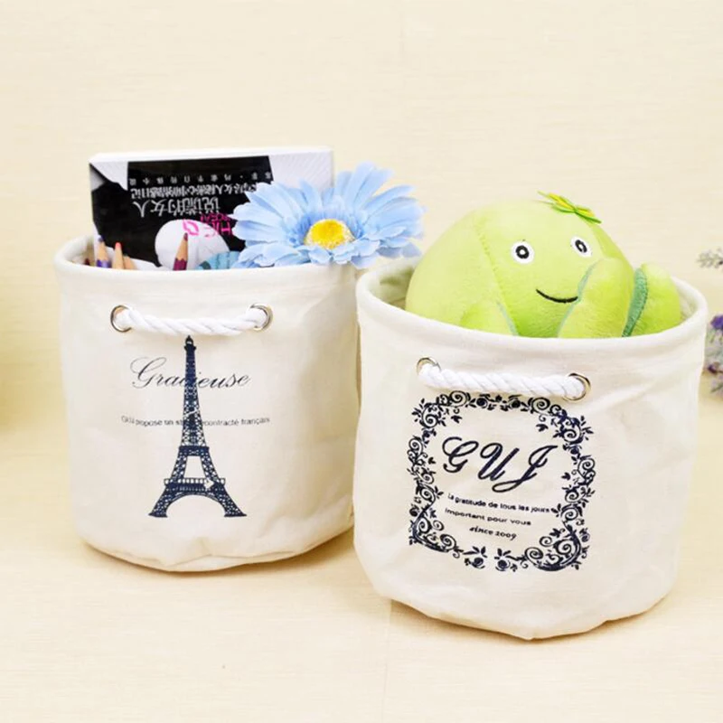 Cute Small Beige Laundry Basket Hamper with Handle, Foldable Cotton