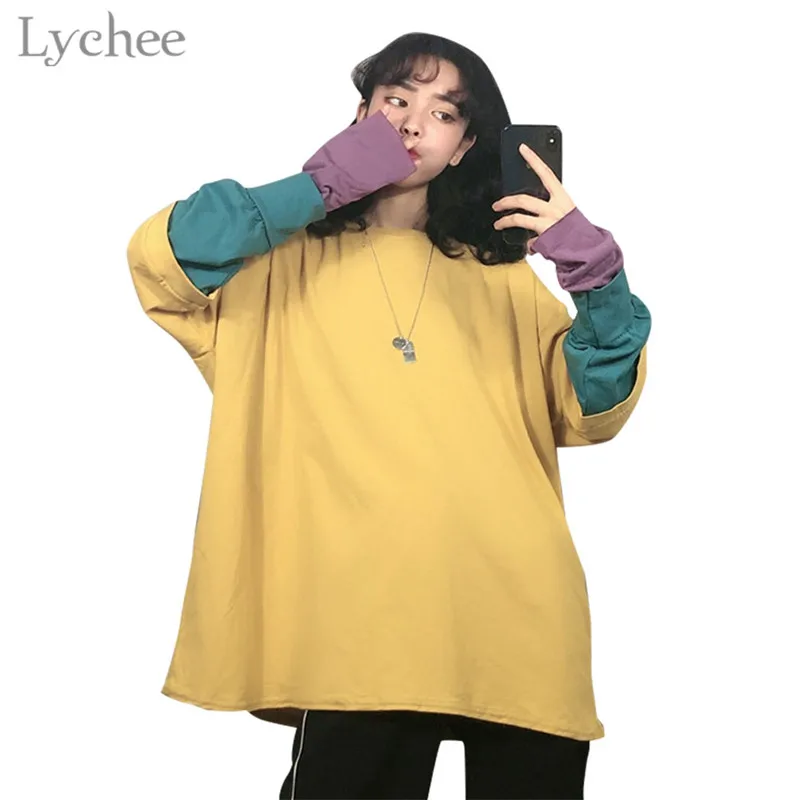 Lychee модные хит Цвет рукав женская футболка в стиле пэтчворк с длинным рукавом и О
