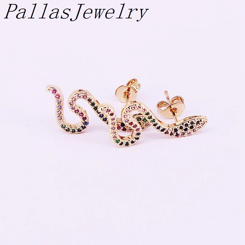 5Pairs New fashion Micro Pave Rainbow Cz Zirconia Gold Filled Snake Stud Earrings Colorful Delicate Top Quality Jewelry