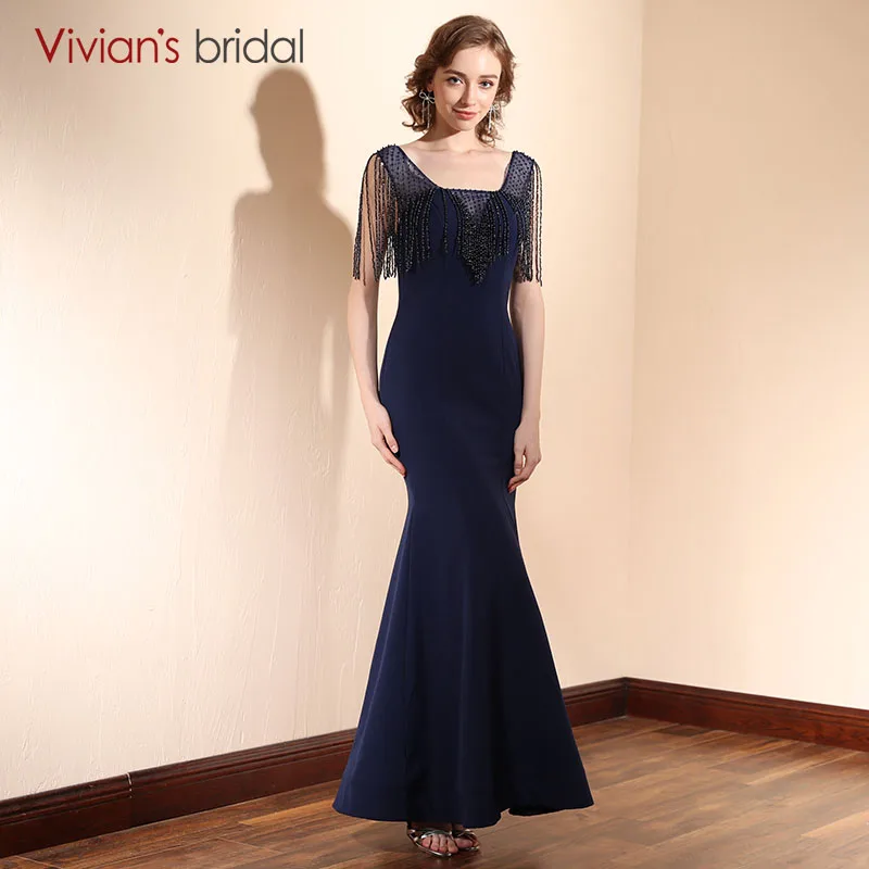Vivian's Bridal Dark Navy Blue Satin Evening Dress Mermaid ...