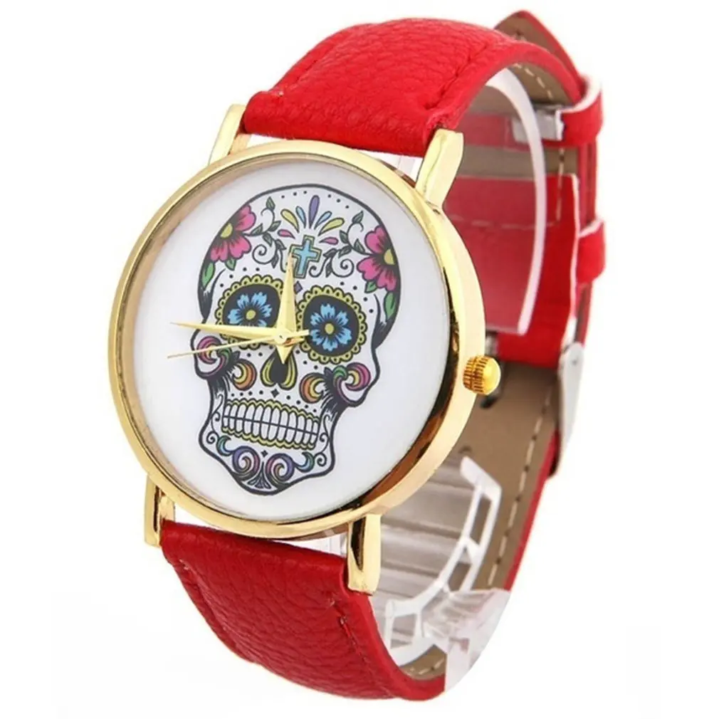 Топ череп для женщин часы Мексиканская Catrina Цветы Крест из искусственной кожи наручные часы Девушка Винтаж Мода повседневное Женева Стиль Reloj