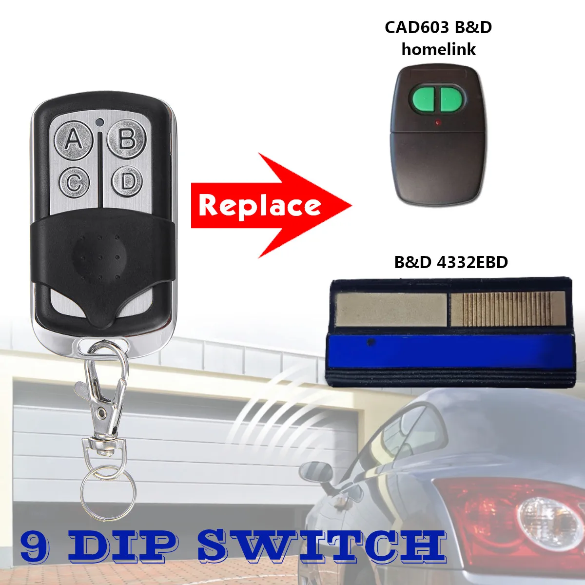 12V Garage Door Remote Control 433.92Mhz 9 DIP Switch For B&D Accent