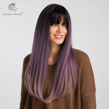 

Blonde Unicorn 22 Inch Synthetic Dark Roots Ombre Purple Long Straight Hair Cosplay Wigs with Bangs Realistic Simulation Scalp
