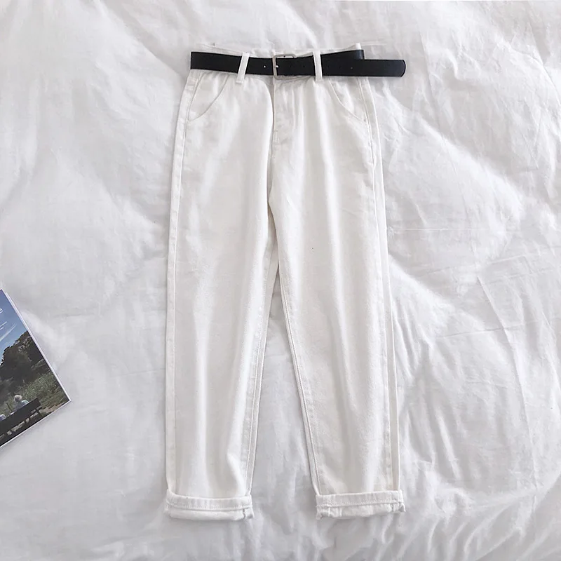 Весенние женские джинсы-шаровары с высокой талией, брюки с поясом, женские джинсовые брюки бойфренда - Цвет: white