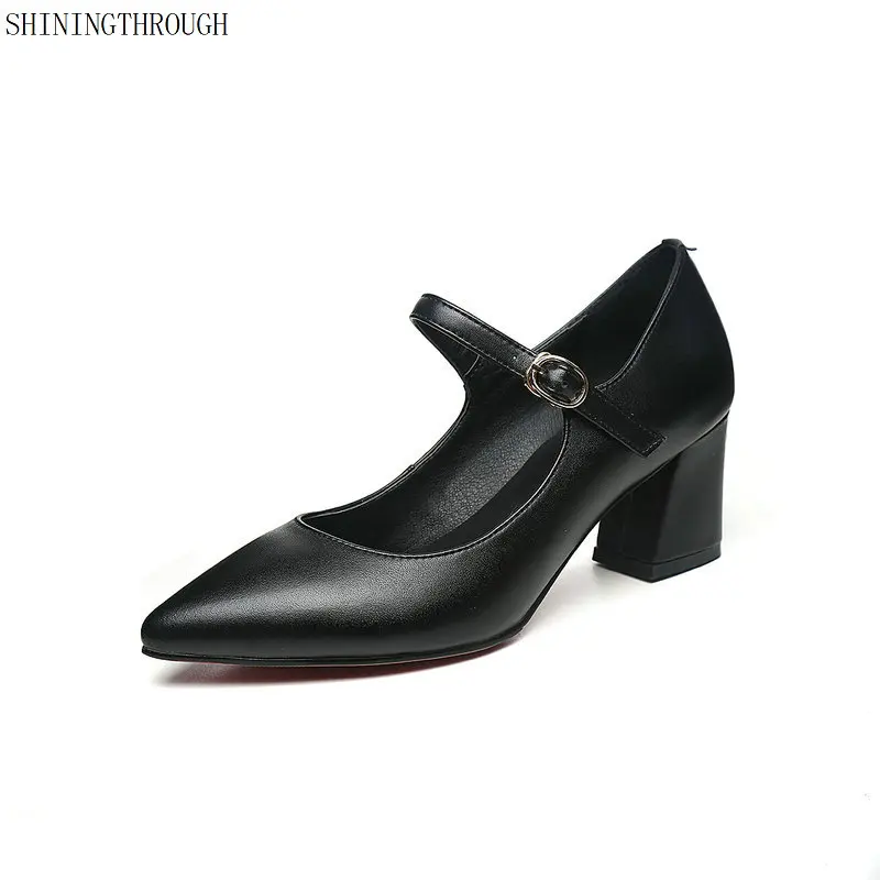 

Thick high Heels mary janes Genuine Leather Pointed Toe Women Pumps High Heel Quality Female Shoes