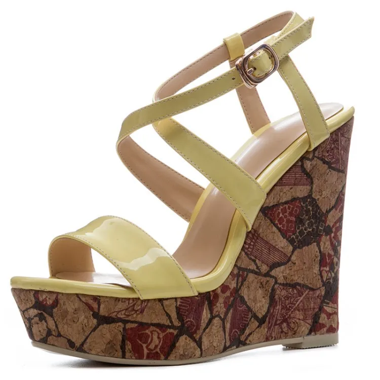 

Newest zapatos mujer yellow Jelly shoes sexy platform wedges sandals women gladiator print 12.5 cm high heels shoes females 2018