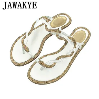 

BlingBling Crystal Snake Decor Flip Flops Women Diamond Studded Flat Summer Shoes Cozy real leather Holiday Beach Sandals Woman