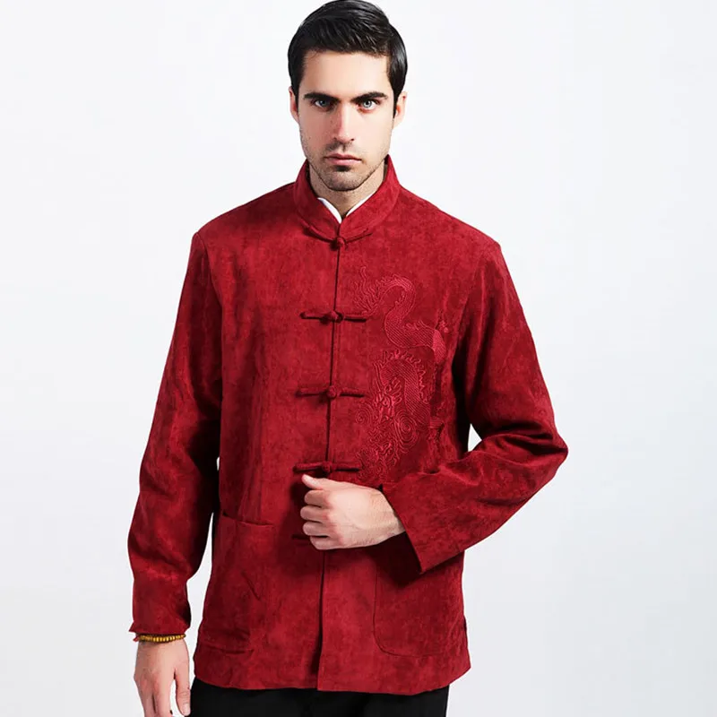 

Red New Arrival Chinese Traditional Men Corduroy Coat Embroidery Dragon Jacket Autumn Winter Overcoat Size M L XL XXL XXXL