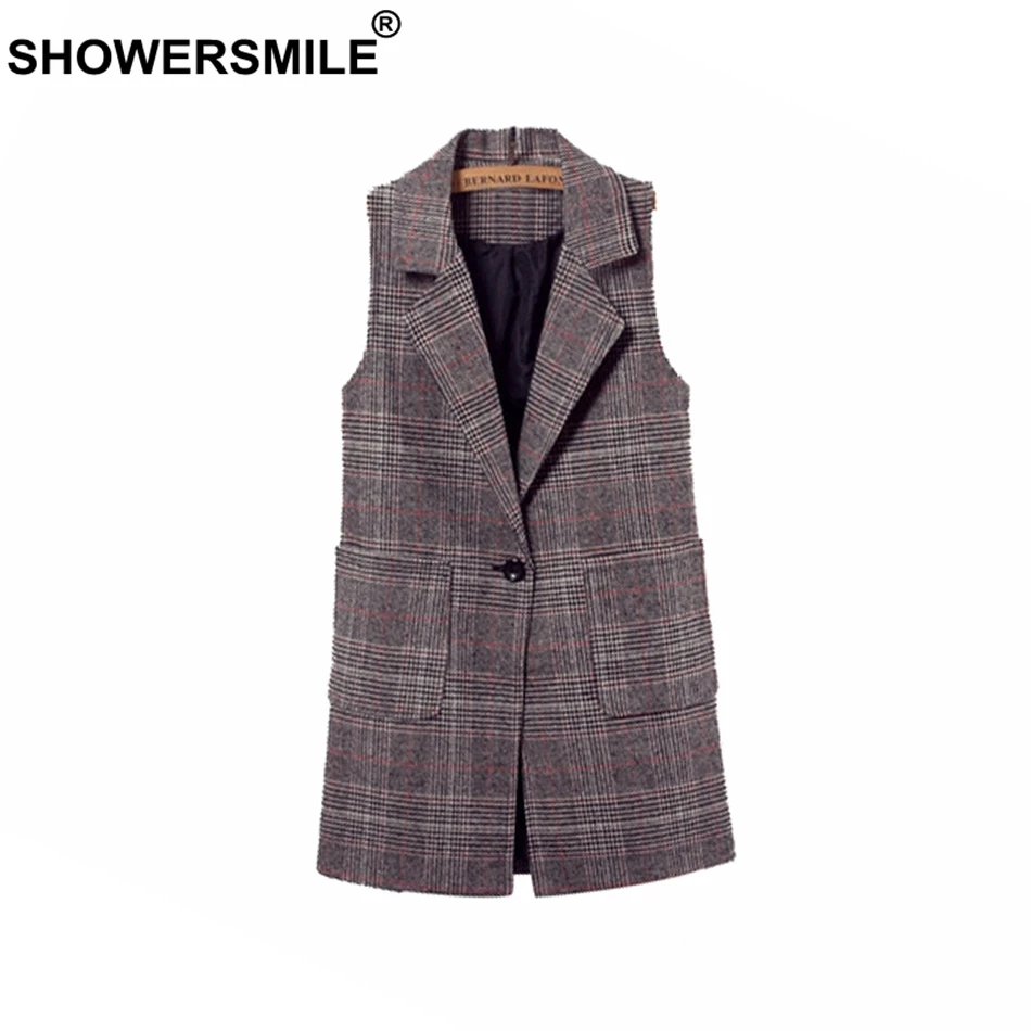 SHOWERSMILE Plaid Vest Women Gilet Long Spring Casual Waistcoat Female Sleeveless Jacket With Pockects 2019