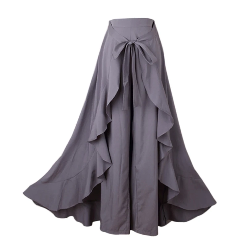 Пляжные юбки женские повседневные Модные шифоновые широкие свободные брюки с оборками и завязками на талии - Цвет: Серый