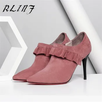 

RLINF 2018 Autumn and Winter New Leather Deep Mouth Pointed Matte Leather Ruffled High Heel Bare Boots Womens Shoes