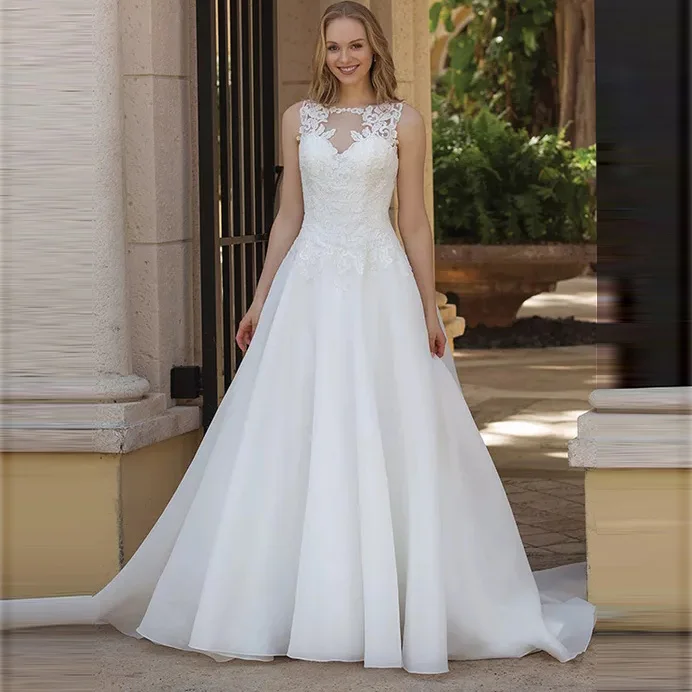 

Organza Princess Boho Wedding Dress A Line O Neck Appliqued Vestido De Noiva Train Simple Cheap Bridal Gown