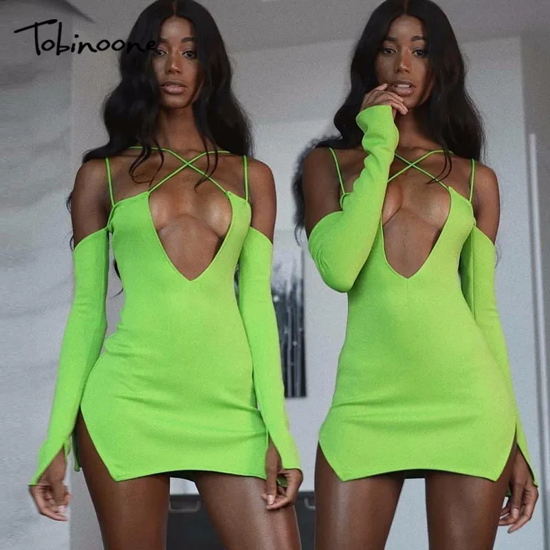 Cena Tobinoone Spaghetti Strap Mini sukienka kobiety Split z długim rękawem głębokie V Neck Sexy obcisła sukienka Backless Club Party Dress 2019