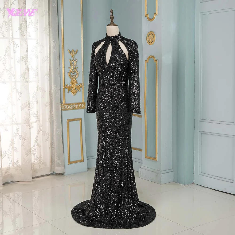 

Fashion Black Sequins Evening Dress Long Sleeve Formal Evening Gown Mermaid High Neck YQLNNE