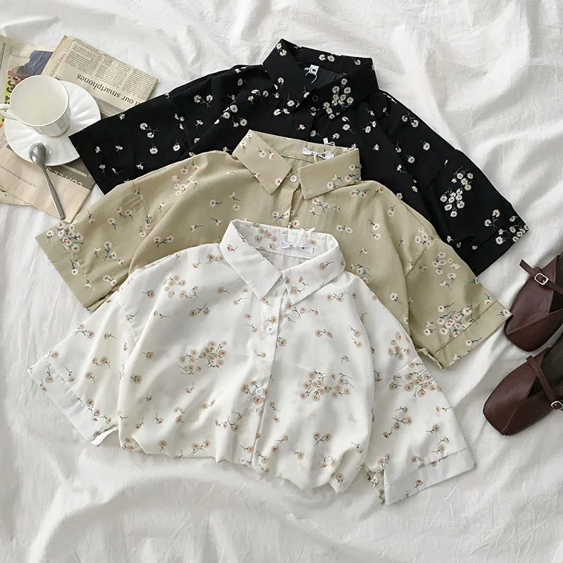

women chiffon shirt summer 2019 new female shirts short sleeves print button mandarin collar blouse