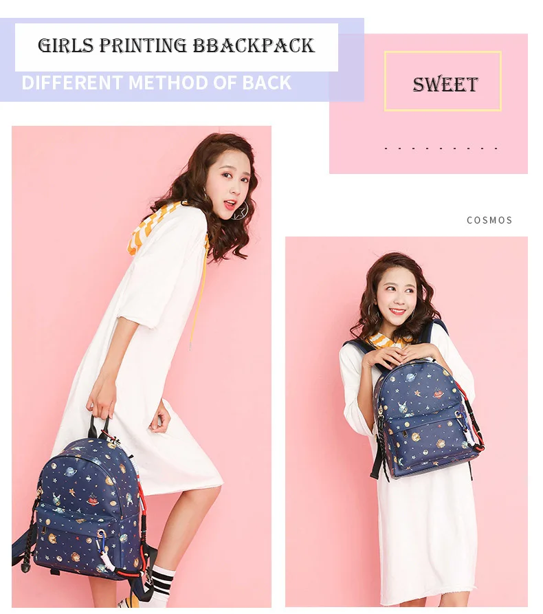 Girls Star Sky Space Planet Printing PU Backpack Women Big Shoulder BackPacks Dark Blue Faux Leather School bag for Teenagers (2)