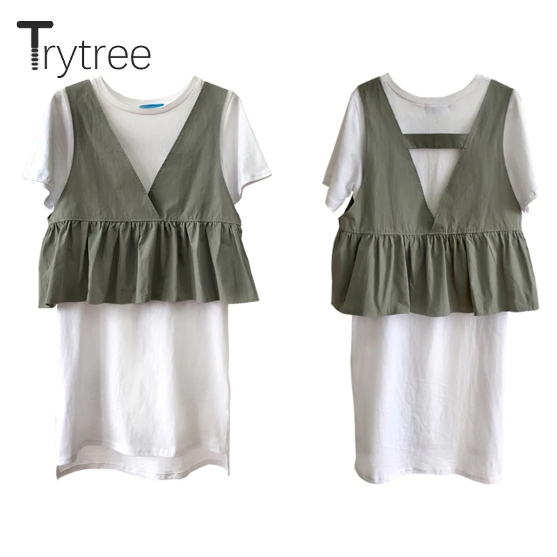 

Trytree Women 2019 Summer Spring two piece Set Casual Tops + Dress Black Flare Sleeve Mesh Suit Set Women Costumes 2 Piece Se