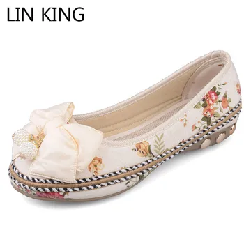 

LIN KING Casual Flower Women Mary Janes Pumps Cute Bowtie Lolita Shoes Med Heel Slip On Round Toe Shoes Wedges Platform Shoes