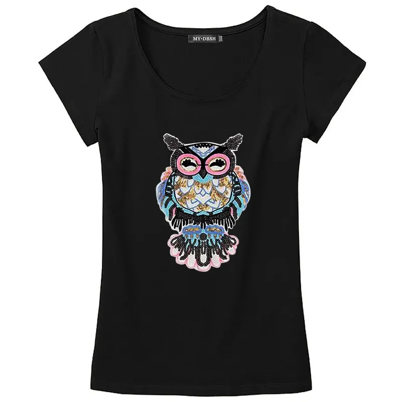 4XL 5XL размера плюс милые хлопковые женские топы летняя модная женская футболка с коротким рукавом и вышивкой Совы из мультфильма - Цвет: O neck Black