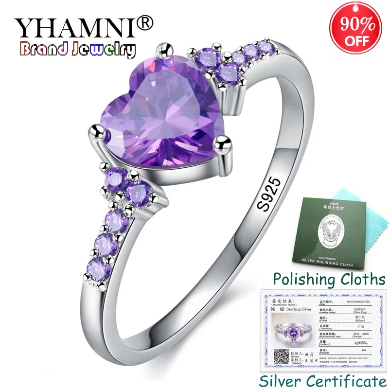 

YHAMNI Sent Silver Certificate! 100% 925 Solid Silver Ring Heart Purpl Crystal Fashion Rings Jewelry Gift for Women KPR988