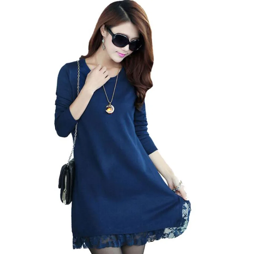 

Autumn Winter Sweater Dress Women Elegant Lace Patchwork Knitted Dresses Long Sleeve Pullover Mini Dress Female Vestidos AB529