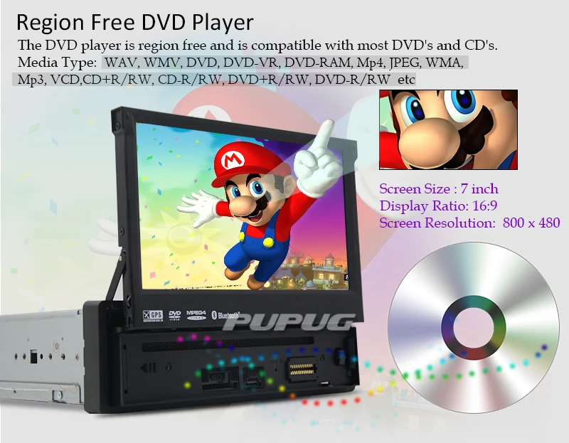 Бесплатная задняя камера один DIN 7 дюймов моторизованный сенсорный dvd плеер