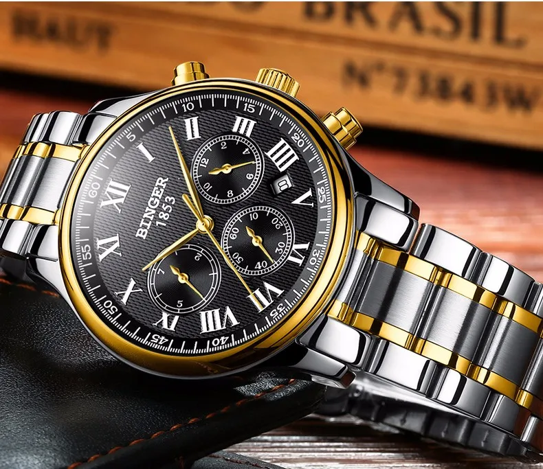 Оригинальные Роскошные Брендовые мужские часы Бингер с кожаным ремешком, полностью стальные автоматические механические часы с сапфировым сапфиром, деловые часы, водонепроницаемые B-603
