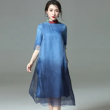 

silk floral bohemian robe femme ete 2019 summer long vintage women's beach dresses plus size loose navy organza elegant