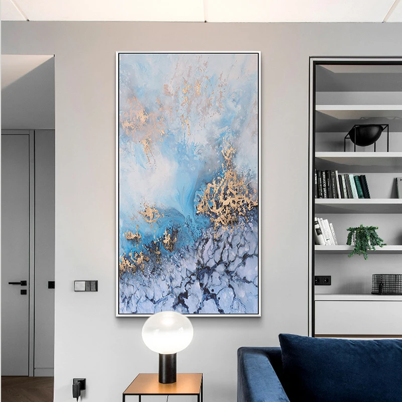 Абстрактная Картина на холсте, большая настенная живопись, синий плакат и принт, украшение для гостиной, столовая, настенные картины, домашний декор
