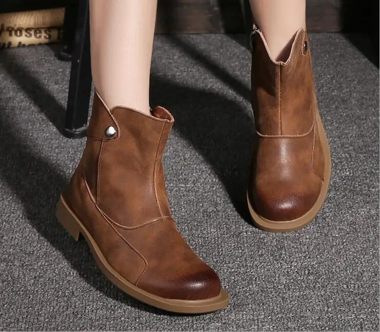 

Handmadefull grain leather mid-calf boots for women,round toe,zip shoes,boots for spring and autumn,nubuce leather boots