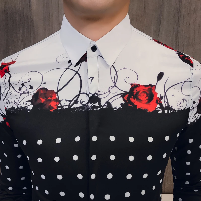 Весенне-осенняя роскошная мужская Клубная рубашка с принтом в виде роз и в горошек, мужская рубашка с длинным рукавом и цветочным принтом Kemeja Pria Camisa Masculina