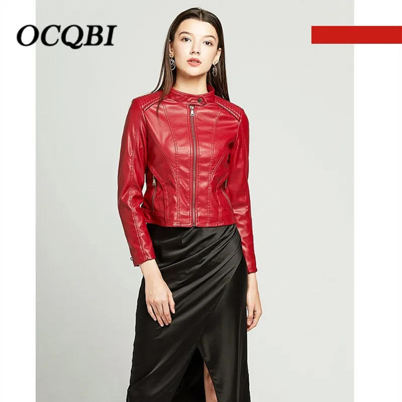 Korean Style Fashion Fit Crop Jacket Women Bomber Motorcycle Streetwear PU Red Spring | Женская одежда