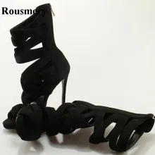 Женские Модные Черные ботильоны с открытым носком и перекрестными ремешками; эластичные короткие сандалии-гладиаторы на высоком каблуке с вырезами