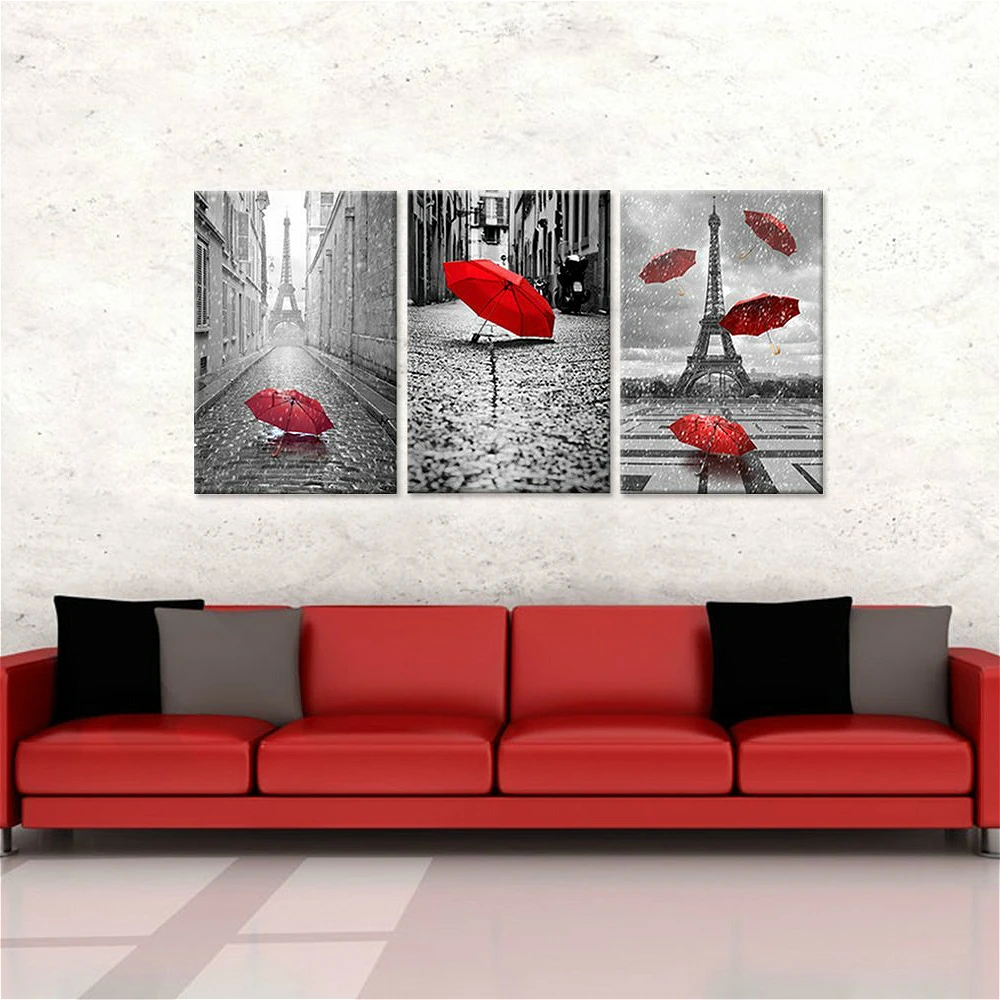3 Panels Canvas Prints Wall Art Home Decor Paris Black and White with Eiffel Tower Red Umbrella