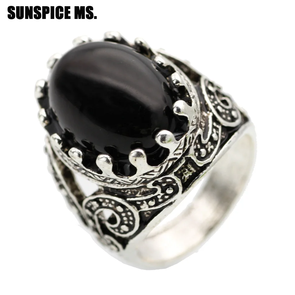 

NEOVISSON Fashion bohemia ethnic women men rings antique silver color black natural stone crown rings for ethnic wedding jewelry