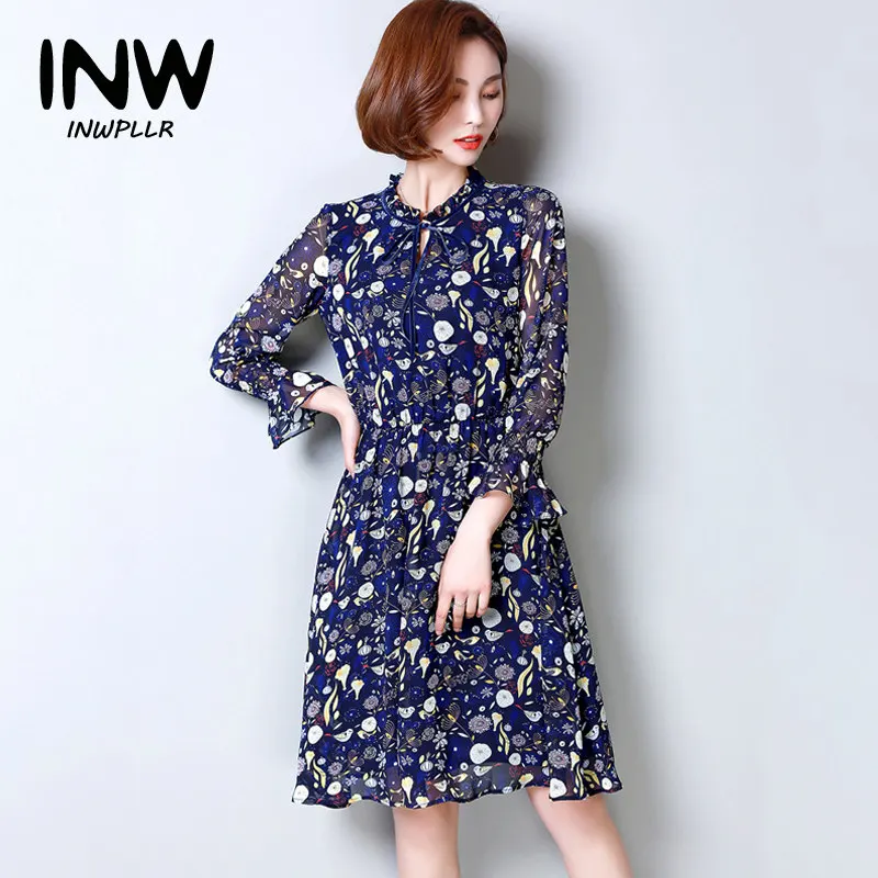 

2019 New Elegant Women Dress Autumn Vintage Floral Print Dresses Vestidos Mujer Casual Long Sleeve Chiffon Dress Femme Fall