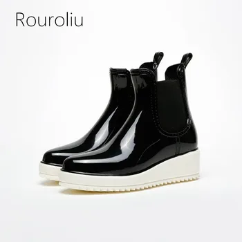 

Rouroliu Women Slip-on Ankle Rain Boots Elastic Band PVC Thick Platform Boots Waterproof Water Shoes Woman Wellies RB248