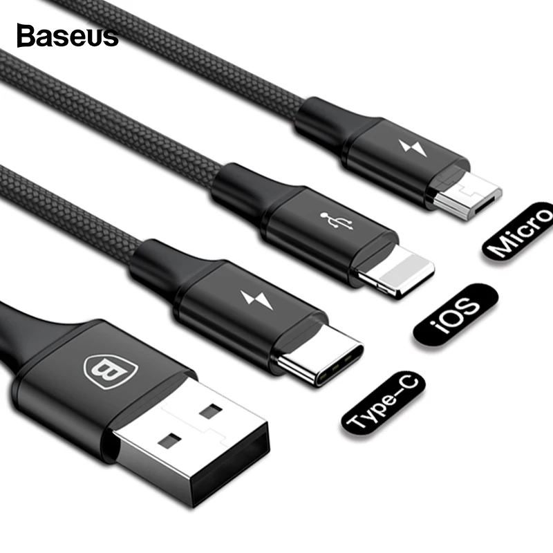 Baseus USB кабель для iPhone Xs Max X Быстрая зарядка зарядное устройство 3 в 1 Micro USB кабель Android usb type c type-c кабели для мобильных телефонов