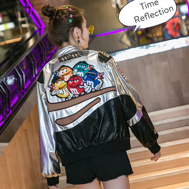 Fashion Spring Women Faux Leather Jacket Cartoon Embroidery Motorcycle jacket coat Ladies Streetwear PU Leather Jackets