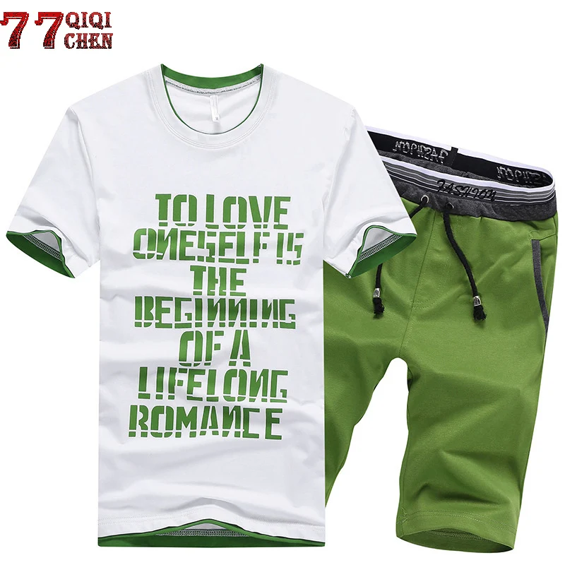 

New 2018 Mens Fitness Tracksuit Set Summer Casual Sporting Suit Men Shorts Sets Short Sleeve Letter TShirt +Shorts Plus Size 4XL