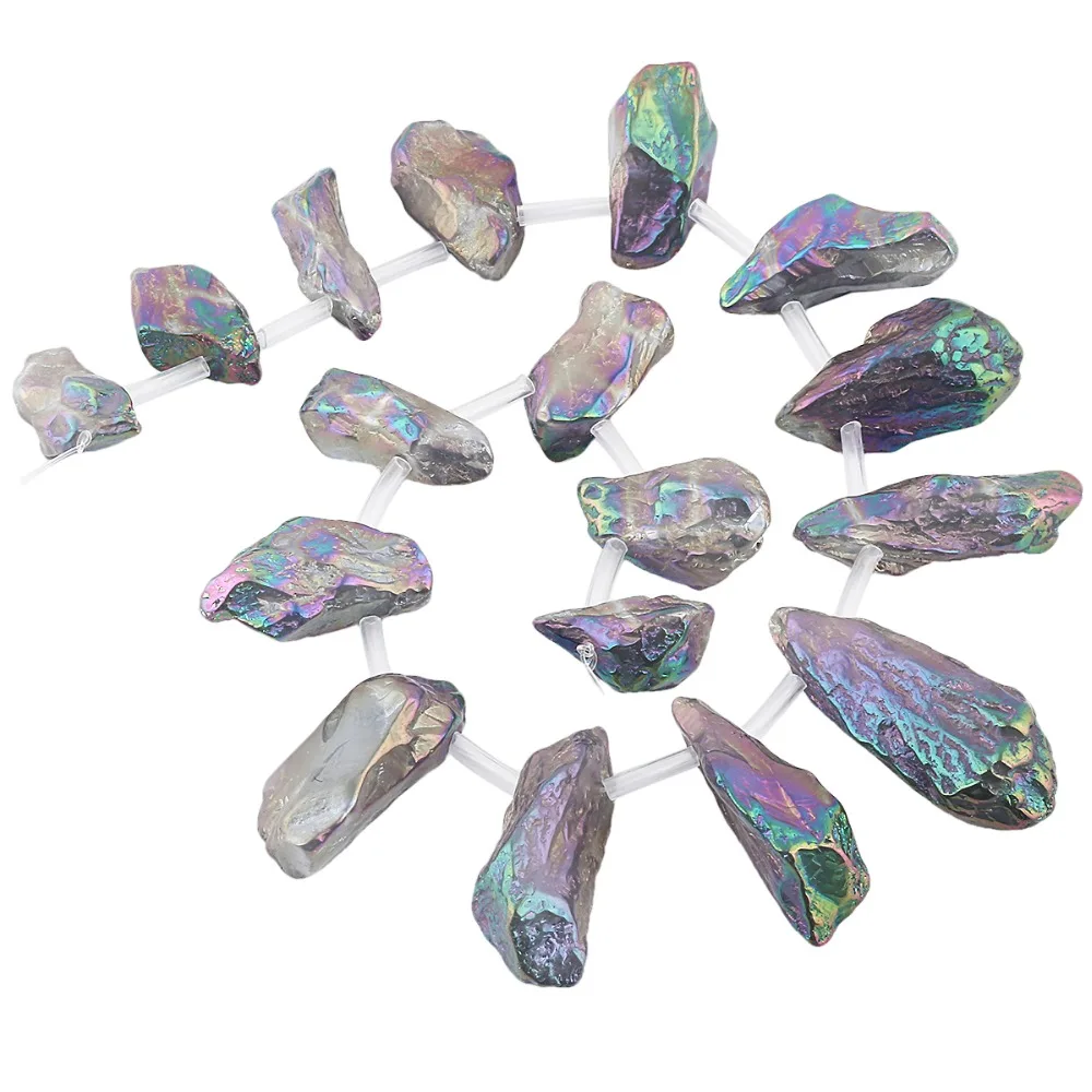 TUMBEELLUWA Rainbow Titanium Coated Crystal Quartz Point Beads,Raw