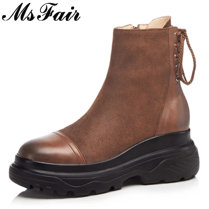 

MSFAIR Round Toe Thick Bottom Women Boots Fashion Zipper Flat With Ankle Boots Women Shoes Black Brown Boots Shoes Woman 2018
