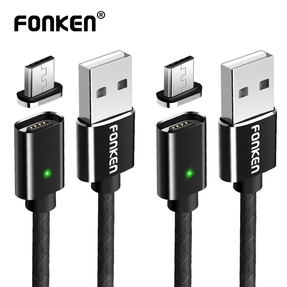 Магнитный кабель Micro USB FONKEN, магнитный кабель Mini USB для мобильного телефона, быстрое зарядное устройство, 1 м, макс. 2,4 А, светодиодный кабель для зарядки и синхронизации данных