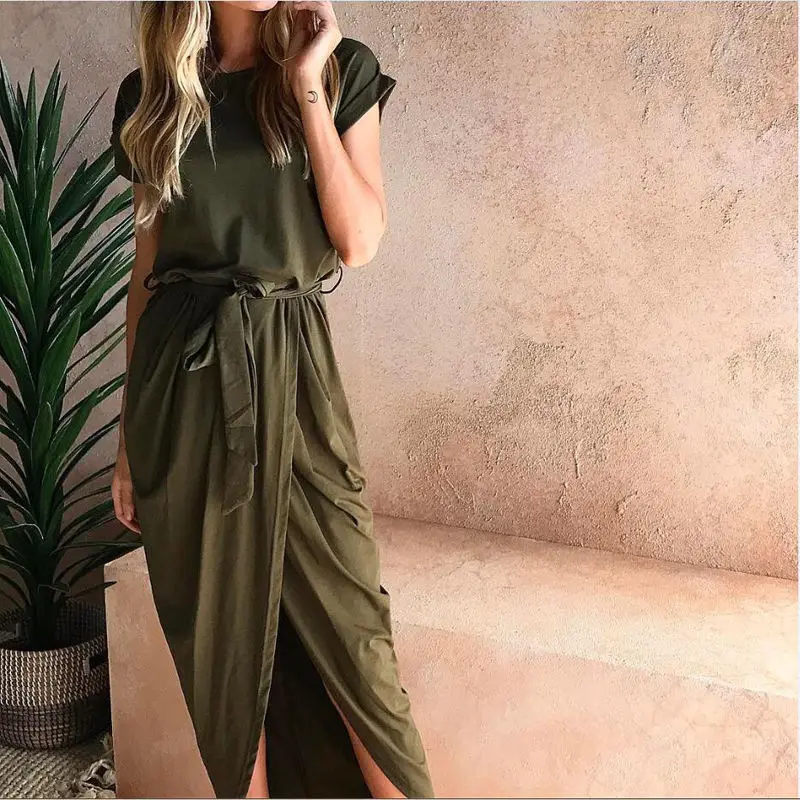 Women Ladies Dress Short Sleeve Maxi Boho Solid Color Summer Beach Long Evening Party Holiday Dresses Clothes