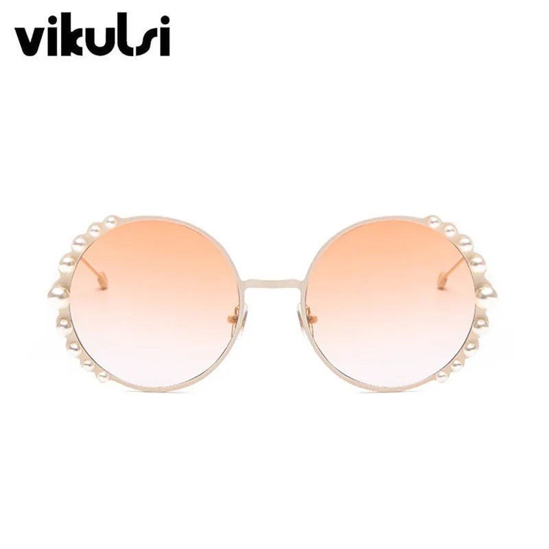 Luxury Beads Round Sunglasses Women Fashion Alloy Frame Brand Pearls Designer Sun Glasses For Female Brown Shades UV400 New - Цвет линз: D549 Champagne