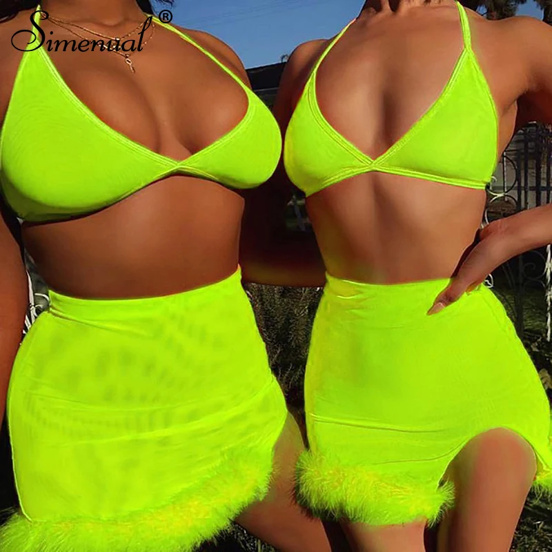 

Simenual Neon Color Sexy Women Two Piece Outfits Hot Side Slit Party Matching Sets Backless Bralette And Mini Skirt Set Summer