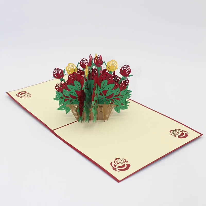  3D Laser Cut Handmade Carving Rose Flower Basket Paper Invitation Greeting Cards PostCard Wedding V - 32795331806