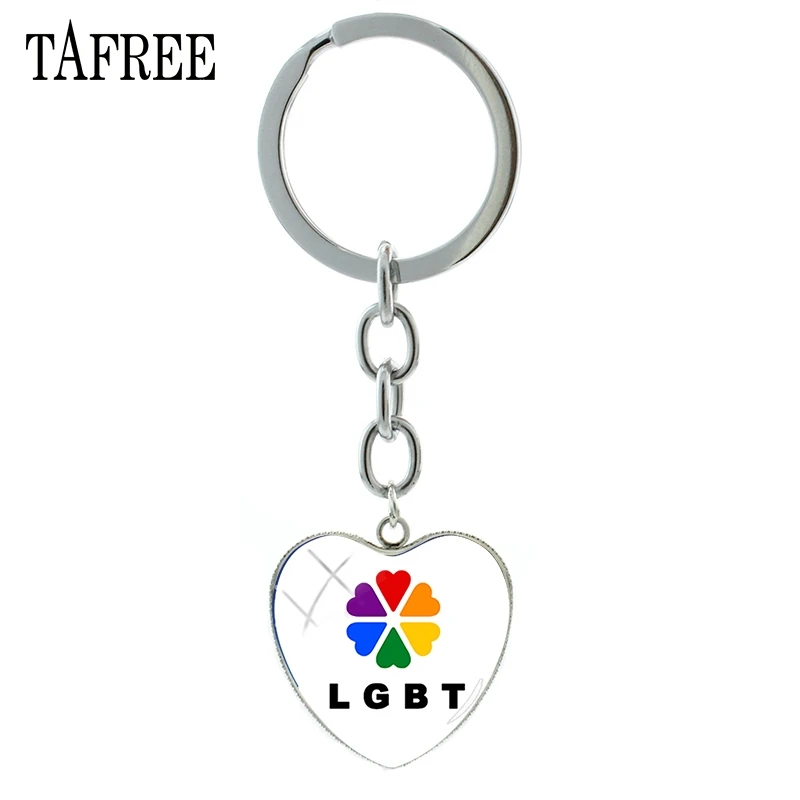 

TAFREE Rainbow LGBT Sign Heart Pendant Keychain Silver Plated Glass Dome Key Chain Ring Women Bags Decoration Jewelry BT05